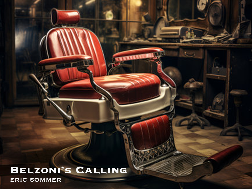 img src=" belzonis.png" single red leather barber chair sits in a mid-century barber shop waiting for a customer">