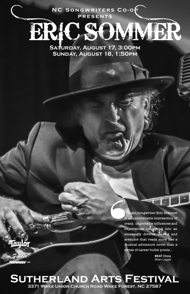 img src="sutherland.png" singer with vivian westwood hat holds guitar while focusing intently on the fretboard">